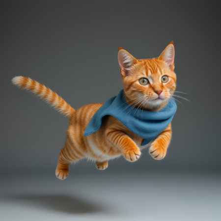 Cute orange kitty with a blue scarf jumping on light gray background.の素材