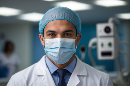 Hispanic male doctor wearing mask in operating room. Confident professional male doctor therapist looking at camera. Portrait of general practitioner wearing white coat. Generative AI portraitの素材