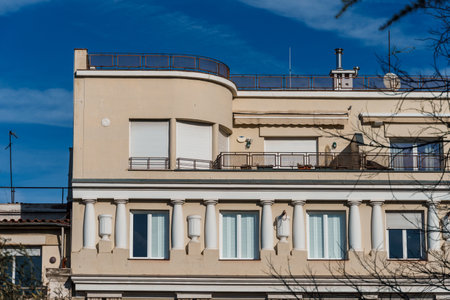 Luxury old residential buildings in Madrid against skyの写真素材
