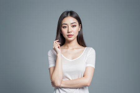 A portrait capturing a young asian woman posing against a solid blue backdrop. She displays a natural makeup look accentuating her features, with carefully applied eyeshadow and blush. Her gaze is directed towards the camera, conveying a sense of poise and calmness. The lighting casts soft shadows, highlighting the contours of her face and her dark straight hair.の素材
