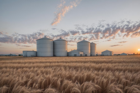 Sunset over a vast cereal field with farmhouse with silos and storage facilities. Generative AIの素材