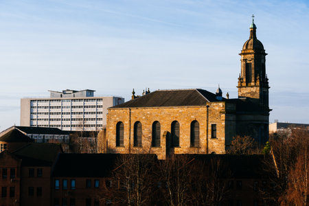 Cityscape of Glasgow on a misty morning. View from the Glasgow Necropolisの写真素材