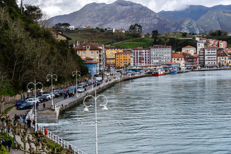 Ribadesella, Spain - March 27, 2024: Panoramic of Ribadesella. View of the tourist town and beach of Ribadesella in Asturiasのeditorial素材
