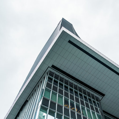 Tokyo, Japan - August 08, 2024: Low angle view of office buildings in Toranomon Hills area against...