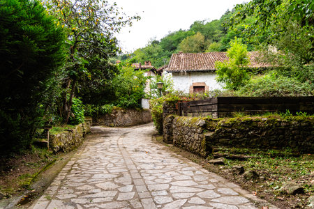 Scenic stone pathway leading through a lush green valley of River Saja in Cantabria, Spain, showcasing traditional architecture.の写真素材