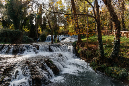 The beautiful waterfalls of Monasterio de Piedra are a popular tourist destination in Zaragoza, Spainの写真素材