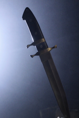 Combat knife, large size, against the background of the night, moon sky, in the pre-dawn mist, with artificial lighting.の写真素材