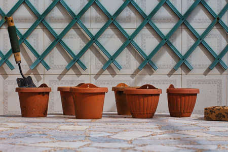 Flower pots on a marble table with a pergola on the background wall.Mini shovel in a pot.の写真素材