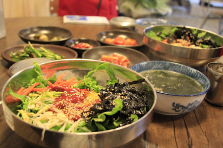 Korean food, sesame and seaweed salad in a bowlの写真素材