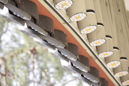 Roof of japanese house with flower pattern on the roof