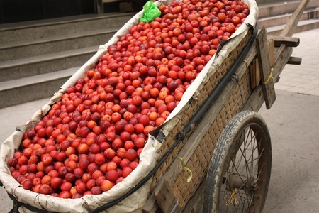 Hand cart full of plumsの写真素材