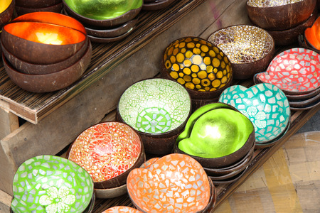 Vietnamese traditional bowls made from a coconut and sea shellsの写真素材