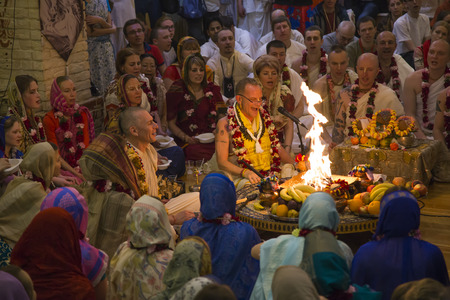 RUSSIA, MOSCOW, 8 MAY 2017 - People pray at the ceremony in Hare Krishna Temple, Moscow, Russiaのeditorial素材