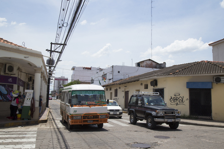 BOLIVIA, SANTA CRUZ DE LA SIERRA, 19 JANUARY 2017 - Public transport in the central street of Santa Cruz De La Sierra, Boliviaのeditorial素材