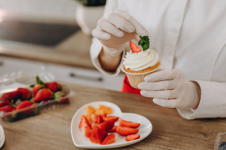 Portrait of smiling female professional decorating cupcakes with strawberry. Various delicious cakes...