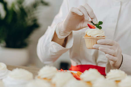 Female baker decorating cupcakes with colored berries.の写真素材
