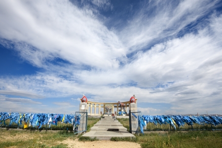 monument in the Gobi Desert of Mongolia horses