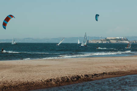 San Franciso, CA, USA-June 22, 2017: Kitesurfing under the Golden Gate Bridge. San francisco...