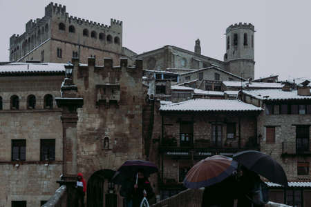 Valderrobres, Spain. February 27, 2016: View of the medieval Village in Teruel province with the first snow. Medieval bridge and Calatravo Castleのeditorial素材