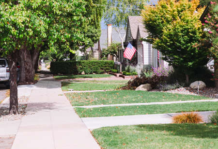 California, USA-June 12, 2017: Typical front yards of residential houses in the united statesのeditorial素材