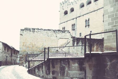 Valderrobres, Spain. February 2, 2018: View of the medieval Village in Teruel province with the first snow. Medieval bridge and Calatravo Castleのeditorial素材