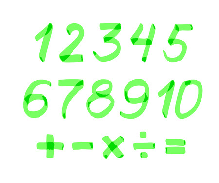 Numbers, arithmetic signs, painted green marker. Vector.