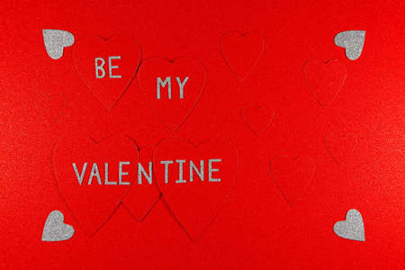 Be My Valentine Red And Silver Hearts On Red Backgroundの写真素材