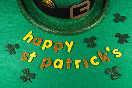 Happy St Patrick's Leprechaun Hat With Coins And Shamrock Clovers