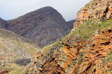 Mountain Pass Cliffs With Natural Rock Strata Layers, Meiringspoort, South Africaの写真素材
