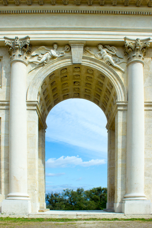 Colonnade in the Czech Republic. Historical architecture. On the background is blue sky with white clouds.のeditorial素材