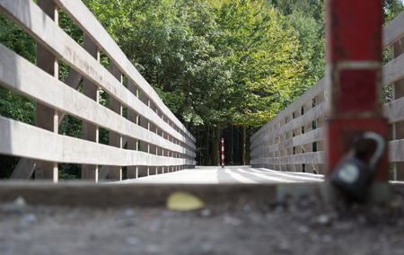 With a lock pad locked across the bridge. The bridge is in focus. In the background are trees.の写真素材