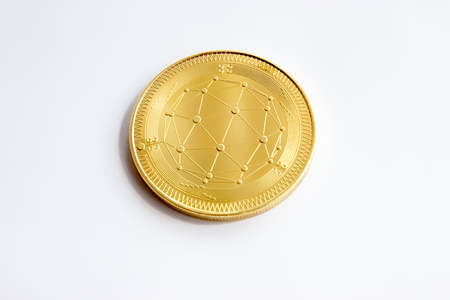 On a white background is isolated gold coin of a digital crypto currency - QTUMの写真素材
