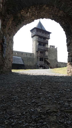 View on the observation tower from the passage to the third courtyard of the castle Helfstyn in the Czech Republicの写真素材