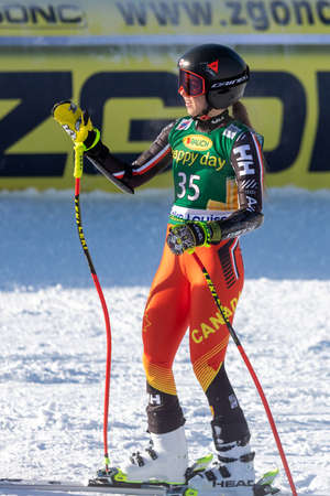 Candace Crawford of Canada in action during the FIS Ski World Cup Super_G in Lake Louise, Alberta, Canada, December 08, 2019.のeditorial素材