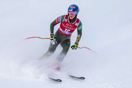 Mikaela Shiffrin of United States, second place at the FIS Ski World Cup Downhill in Lake Louise, Alberta, Canada, December 07, 2019.のeditorial素材