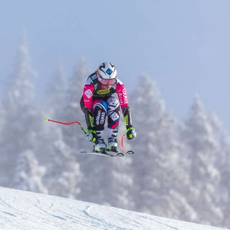 Tina Weirather of Liechtenstein in action during the FIS Ski World Cup Super_G in Lake Louise, Alberta, Canada, December 08, 2019.のeditorial素材