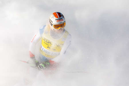 Urs KryenbÃ¼hl of Switzerland in action at the Men's World Cup Alpine Downhill Race in Lake Louise, Alberta, Canada, November 30, 2019.のeditorial素材