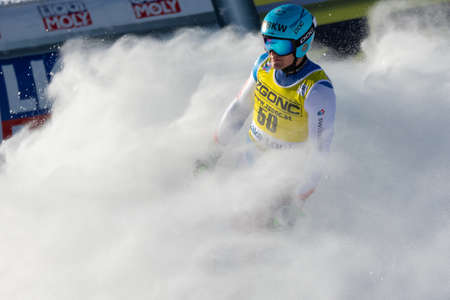 Stefan Rogentin of Switzerland in action during the FIS Alpine Skiing Men's Downhill Ski Race in Lake Louise, Alberta, Canada, 30 November 2018.のeditorial素材
