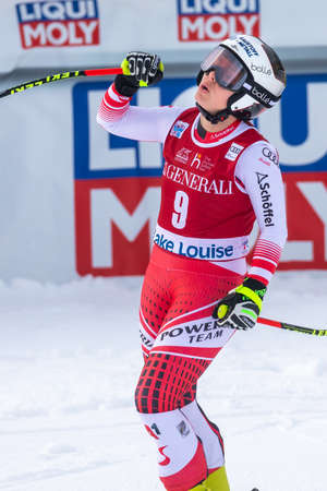 Nicole Schmidhofer of Austria celebrates after winning the FIS Ski World Cup Downhill in Lake Louise, Alberta, Canada, December 07, 2019.のeditorial素材