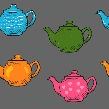 Pattern colored cartoon teapot Doodle on green backgroundのイラスト素材