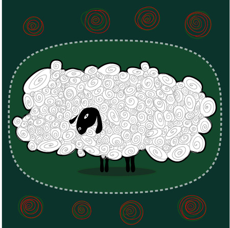 funny cartoon fluffy white sheep on a green backgroundのイラスト素材