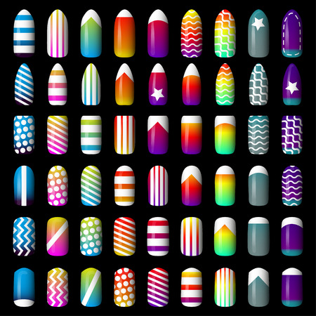 set of colored painted nails. manicure. nail polish. isolated on a black backgroundのイラスト素材