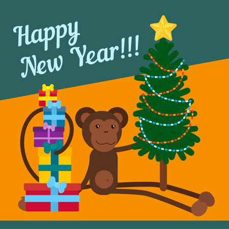 year of the monkey. monkey with a tree on a snowy backgroundのイラスト素材