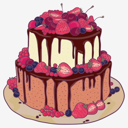 cake with strawberries, cherries, blueberries and chocolate on a white backgroundのイラスト素材