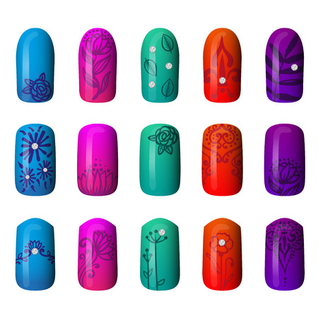 set of colored painted nails. manicure. nail polish. isolated on a white backgroundのイラスト素材