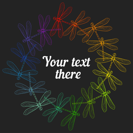 Round colorful frame, like rainbow, with dragonfly. With text in centre.のイラスト素材
