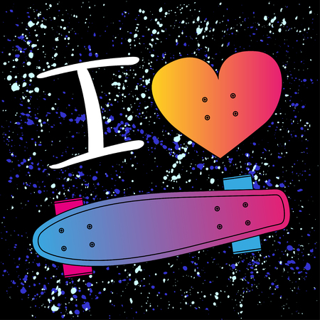 contour cartoon penny board, for boy and girl, on Blob doted background.のイラスト素材