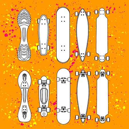 contour cartoon penny board, for boy and girl, on Blob doted background.のイラスト素材