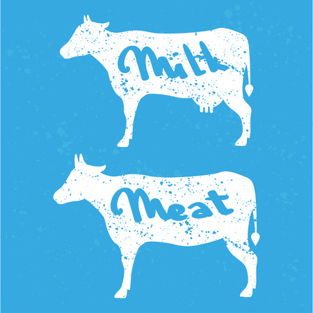 Cow silhouette with text milk and meat on blue backgroundのイラスト素材