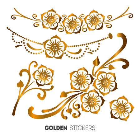 Vector illustration of golden flower stickers, flash temporary tattoo.のイラスト素材